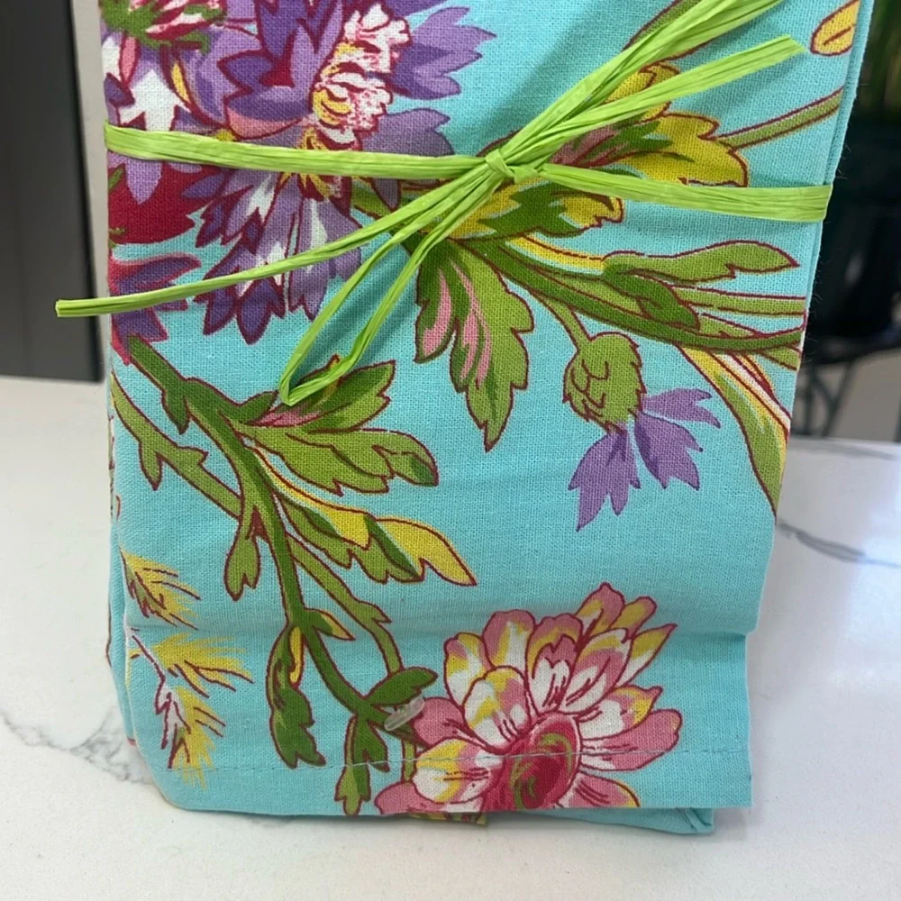 April Cornell WILDFLOWERS Napkins Aqua / Pink Set of 4 100% Cotton NWT